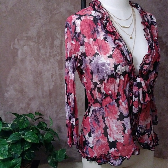 Notations Tops - Notations Bell Sleeve Flower Print Blouse Size L